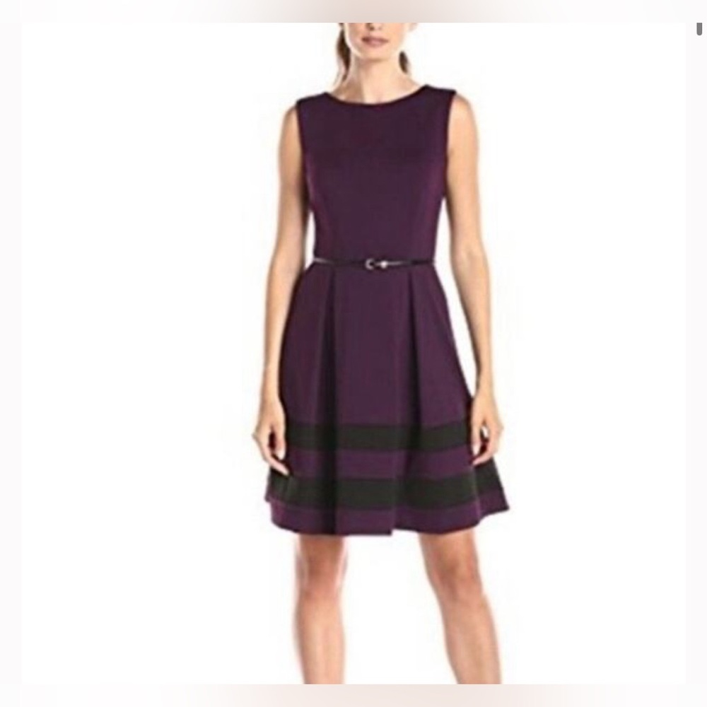 Aubergine/Purple & Black A-Line Calvin Klein Dress with Belt